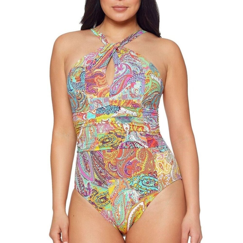 NWT! Bleu Rod Beattie Multi Color Paisley High Neck One Piece Swimsuit NEW!